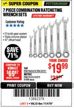 Harbor Freight Coupon 7 PIECE COMBINATION RATCHETING WRENCH SET Lot No. 62571 / 96654 / 61396 / 95552 / 62572 / 61400 Expired: 11/4/18 - $19.99
