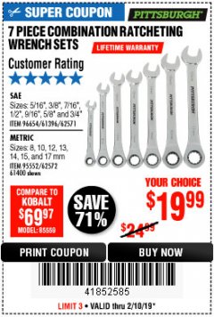 Harbor Freight Coupon 7 PIECE COMBINATION RATCHETING WRENCH SET Lot No. 62571 / 96654 / 61396 / 95552 / 62572 / 61400 Expired: 2/10/19 - $19.99