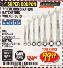 Harbor Freight Coupon 7 PIECE COMBINATION RATCHETING WRENCH SET Lot No. 62571 / 96654 / 61396 / 95552 / 62572 / 61400 Expired: 7/31/19 - $19.99