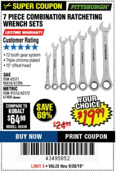 Harbor Freight Coupon 7 PIECE COMBINATION RATCHETING WRENCH SET Lot No. 62571 / 96654 / 61396 / 95552 / 62572 / 61400 Expired: 9/30/19 - $19.99