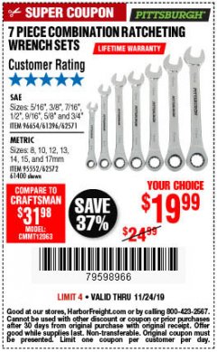 Harbor Freight Coupon 7 PIECE COMBINATION RATCHETING WRENCH SET Lot No. 62571 / 96654 / 61396 / 95552 / 62572 / 61400 Expired: 11/24/19 - $19.99