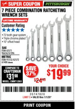 Harbor Freight Coupon 7 PIECE COMBINATION RATCHETING WRENCH SET Lot No. 62571 / 96654 / 61396 / 95552 / 62572 / 61400 Expired: 1/1/20 - $19.99