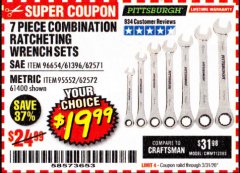 Harbor Freight Coupon 7 PIECE COMBINATION RATCHETING WRENCH SET Lot No. 62571 / 96654 / 61396 / 95552 / 62572 / 61400 Expired: 3/31/20 - $19.99