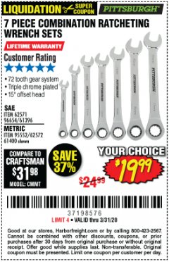 Harbor Freight Coupon 7 PIECE COMBINATION RATCHETING WRENCH SET Lot No. 62571 / 96654 / 61396 / 95552 / 62572 / 61400 Expired: 3/31/20 - $19.99