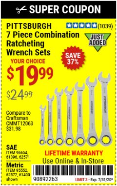 Harbor Freight Coupon 7 PIECE COMBINATION RATCHETING WRENCH SET Lot No. 62571 / 96654 / 61396 / 95552 / 62572 / 61400 Expired: 7/31/20 - $19.99