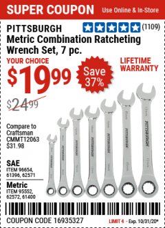 Harbor Freight Coupon 7 PIECE COMBINATION RATCHETING WRENCH SET Lot No. 62571 / 96654 / 61396 / 95552 / 62572 / 61400 Expired: 10/31/20 - $19.99