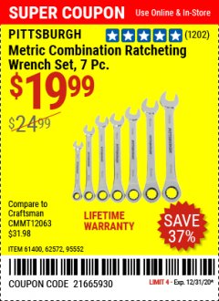 Harbor Freight Coupon 7 PIECE COMBINATION RATCHETING WRENCH SET Lot No. 62571 / 96654 / 61396 / 95552 / 62572 / 61400 Expired: 12/31/20 - $19.99