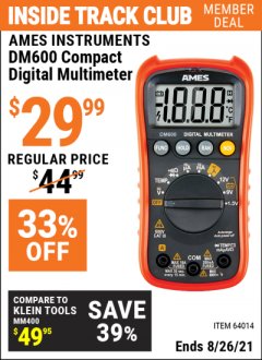Harbor Freight ITC Coupon AMES COMPACT SIZED DIGITAL MULTIMETER Lot No. 64014 Expired: 8/26/21 - $29.99