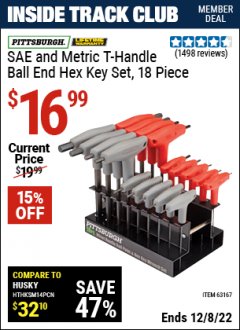 Harbor Freight ITC Coupon 18 PIECE SAE AND METRIC T-HANDLE BALL END HEX KEY SET Lot No. 96645/62476/63166/63167 Expired: 12/8/22 - $16.99