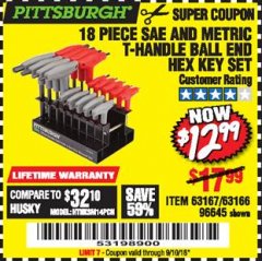 Harbor Freight Coupon 18 PIECE SAE AND METRIC T-HANDLE BALL END HEX KEY SET Lot No. 96645/62476/63166/63167 Expired: 9/10/18 - $12.99