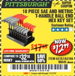 Harbor Freight Coupon 18 PIECE SAE AND METRIC T-HANDLE BALL END HEX KEY SET Lot No. 96645/62476/63166/63167 Expired: 11/30/18 - $12.99