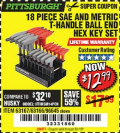 Harbor Freight Coupon 18 PIECE SAE AND METRIC T-HANDLE BALL END HEX KEY SET Lot No. 96645/62476/63166/63167 Expired: 6/1/19 - $12.99
