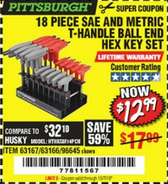 Harbor Freight Coupon 18 PIECE SAE AND METRIC T-HANDLE BALL END HEX KEY SET Lot No. 96645/62476/63166/63167 Expired: 10/1/19 - $12.99