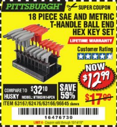 Harbor Freight Coupon 18 PIECE SAE AND METRIC T-HANDLE BALL END HEX KEY SET Lot No. 96645/62476/63166/63167 Expired: 10/14/19 - $12.99