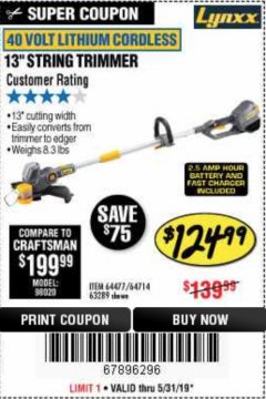 Harbor Freight Coupon LYNXX 13" STRING TRIMMER Lot No. 64477/63289 Expired: 5/31/19 - $124.99