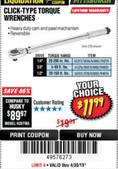 Harbor Freight Coupon 3/8 IN. DRIVE PROFESSIONAL CLICK TYPE TORQUE WRENCH Lot No. 64065 Expired: 4/30/19 - $11.99