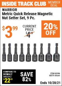Harbor Freight ITC Coupon 9 PIECE QUICK CHANGE MAGNETIC NUTSETTER SETS Lot No. 65806/68478/68519/60384 Expired: 10/28/21 - $3.99