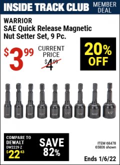 Harbor Freight ITC Coupon 9 PIECE QUICK CHANGE MAGNETIC NUTSETTER SETS Lot No. 65806/68478/68519/60384 Expired: 1/6/22 - $3.99