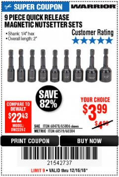 Harbor Freight Coupon 9 PIECE QUICK CHANGE MAGNETIC NUTSETTER SETS Lot No. 65806/68478/68519/60384 Expired: 12/16/18 - $3.99