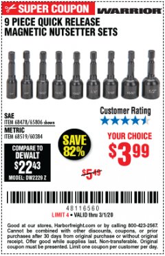 Harbor Freight Coupon 9 PIECE QUICK CHANGE MAGNETIC NUTSETTER SETS Lot No. 65806/68478/68519/60384 Expired: 3/1/20 - $3.99