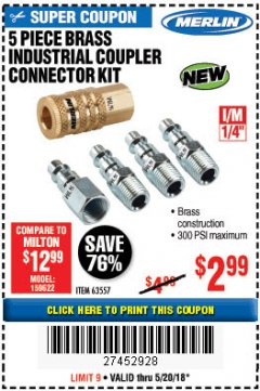 Harbor Freight Coupon 5 PIECE BRASS INDUSTRIAL COUPLER CONNECTOR KIT Lot No. 63557 Expired: 5/20/18 - $2.99