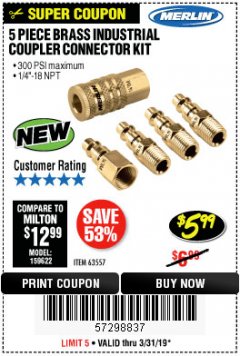 Harbor Freight Coupon 5 PIECE BRASS INDUSTRIAL COUPLER CONNECTOR KIT Lot No. 63557 Expired: 3/31/19 - $5.99