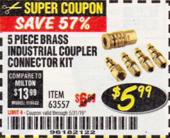 Harbor Freight Coupon 5 PIECE BRASS INDUSTRIAL COUPLER CONNECTOR KIT Lot No. 63557 Expired: 5/31/19 - $5.99