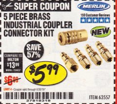 Harbor Freight Coupon 5 PIECE BRASS INDUSTRIAL COUPLER CONNECTOR KIT Lot No. 63557 Expired: 6/30/19 - $5.99
