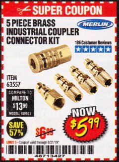 Harbor Freight Coupon 5 PIECE BRASS INDUSTRIAL COUPLER CONNECTOR KIT Lot No. 63557 Expired: 8/31/19 - $5.99