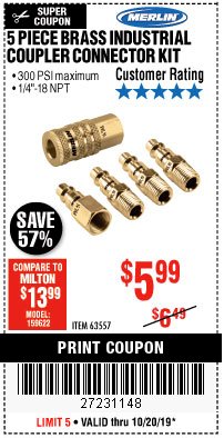Harbor Freight Coupon 5 PIECE BRASS INDUSTRIAL COUPLER CONNECTOR KIT Lot No. 63557 Expired: 10/20/19 - $5.99