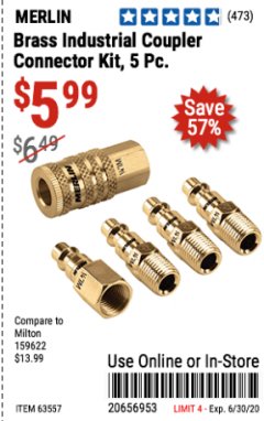 Harbor Freight Coupon 5 PIECE BRASS INDUSTRIAL COUPLER CONNECTOR KIT Lot No. 63557 Expired: 6/30/20 - $5.99