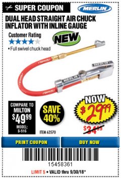 Harbor Freight Coupon DUAL HEAD AIR CHUCK INFLATOR WITH INLINE GAUGE Lot No. 63570 Expired: 9/30/18 - $29.99