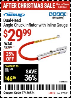 Harbor Freight Coupon DUAL HEAD AIR CHUCK INFLATOR WITH INLINE GAUGE Lot No. 63570 Expired: 1/7/24 - $29.99