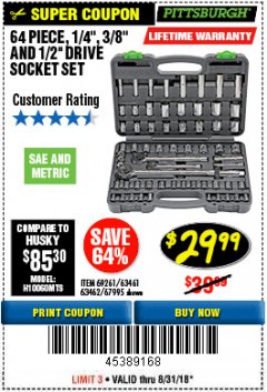 Harbor Freight Coupon 64 PIECE 1/4", 3/8", 1/2" DRIVE SOCKET SET Lot No. 69261/63461/63462/67995 Expired: 8/31/18 - $29.99