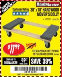 Harbor Freight Coupon 30" X 18" 1000LB. MOVERS DOLLY Lot No. 92486/39757/60496/62398/61897/38970 Expired: 7/24/18 - $11.99