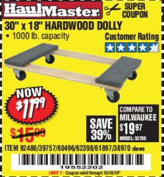 Harbor Freight Coupon 30" X 18" 1000LB. MOVERS DOLLY Lot No. 92486/39757/60496/62398/61897/38970 Expired: 10/18/18 - $11.99