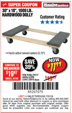 Harbor Freight Coupon 30" X 18" 1000LB. MOVERS DOLLY Lot No. 92486/39757/60496/62398/61897/38970 Expired: 7/31/18 - $11.99