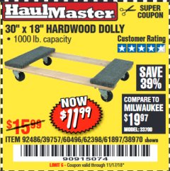 Harbor Freight Coupon 30" X 18" 1000LB. MOVERS DOLLY Lot No. 92486/39757/60496/62398/61897/38970 Expired: 11/17/18 - $11.99
