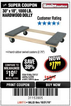 Harbor Freight Coupon 30" X 18" 1000LB. MOVERS DOLLY Lot No. 92486/39757/60496/62398/61897/38970 Expired: 10/31/18 - $11.99