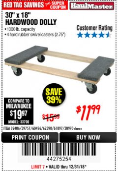 Harbor Freight Coupon 30" X 18" 1000LB. MOVERS DOLLY Lot No. 92486/39757/60496/62398/61897/38970 Expired: 12/31/18 - $11.99