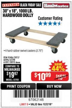 Harbor Freight Coupon 30" X 18" 1000LB. MOVERS DOLLY Lot No. 92486/39757/60496/62398/61897/38970 Expired: 12/2/18 - $10.99
