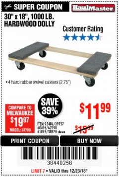 Harbor Freight Coupon 30" X 18" 1000LB. MOVERS DOLLY Lot No. 92486/39757/60496/62398/61897/38970 Expired: 12/23/18 - $11.99