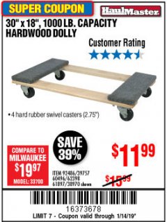 Harbor Freight Coupon 30" X 18" 1000LB. MOVERS DOLLY Lot No. 92486/39757/60496/62398/61897/38970 Expired: 1/14/19 - $11.99