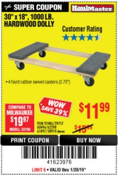 Harbor Freight Coupon 30" X 18" 1000LB. MOVERS DOLLY Lot No. 92486/39757/60496/62398/61897/38970 Expired: 1/20/19 - $11.99