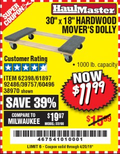 Harbor Freight Coupon 30" X 18" 1000LB. MOVERS DOLLY Lot No. 92486/39757/60496/62398/61897/38970 Expired: 4/20/19 - $11.99