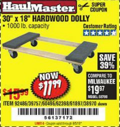 Harbor Freight Coupon 30" X 18" 1000LB. MOVERS DOLLY Lot No. 92486/39757/60496/62398/61897/38970 Expired: 6/5/19 - $11.99