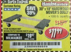 Harbor Freight Coupon 30" X 18" 1000LB. MOVERS DOLLY Lot No. 92486/39757/60496/62398/61897/38970 Expired: 8/24/19 - $11.99