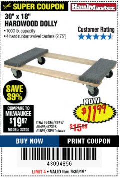 Harbor Freight Coupon 30" X 18" 1000LB. MOVERS DOLLY Lot No. 92486/39757/60496/62398/61897/38970 Expired: 9/30/19 - $11.99