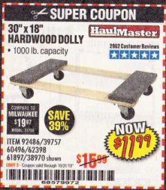 Harbor Freight Coupon 30" X 18" 1000LB. MOVERS DOLLY Lot No. 92486/39757/60496/62398/61897/38970 Expired: 10/31/19 - $11.99