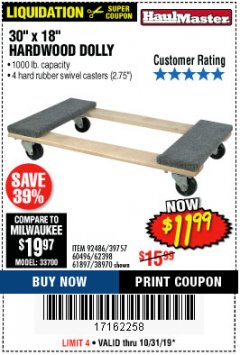 Harbor Freight Coupon 30" X 18" 1000LB. MOVERS DOLLY Lot No. 92486/39757/60496/62398/61897/38970 Expired: 10/31/19 - $11.99